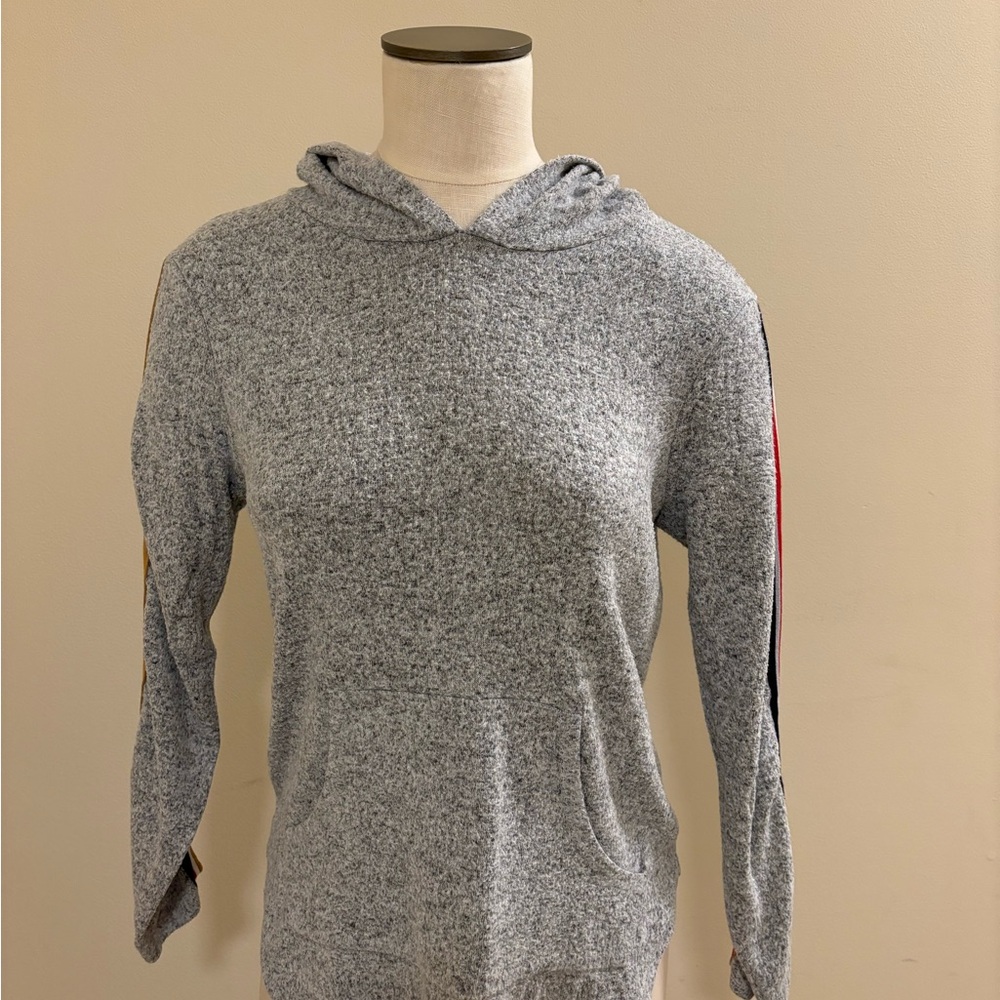 Gray Hooded Sweater with Striped Accents
